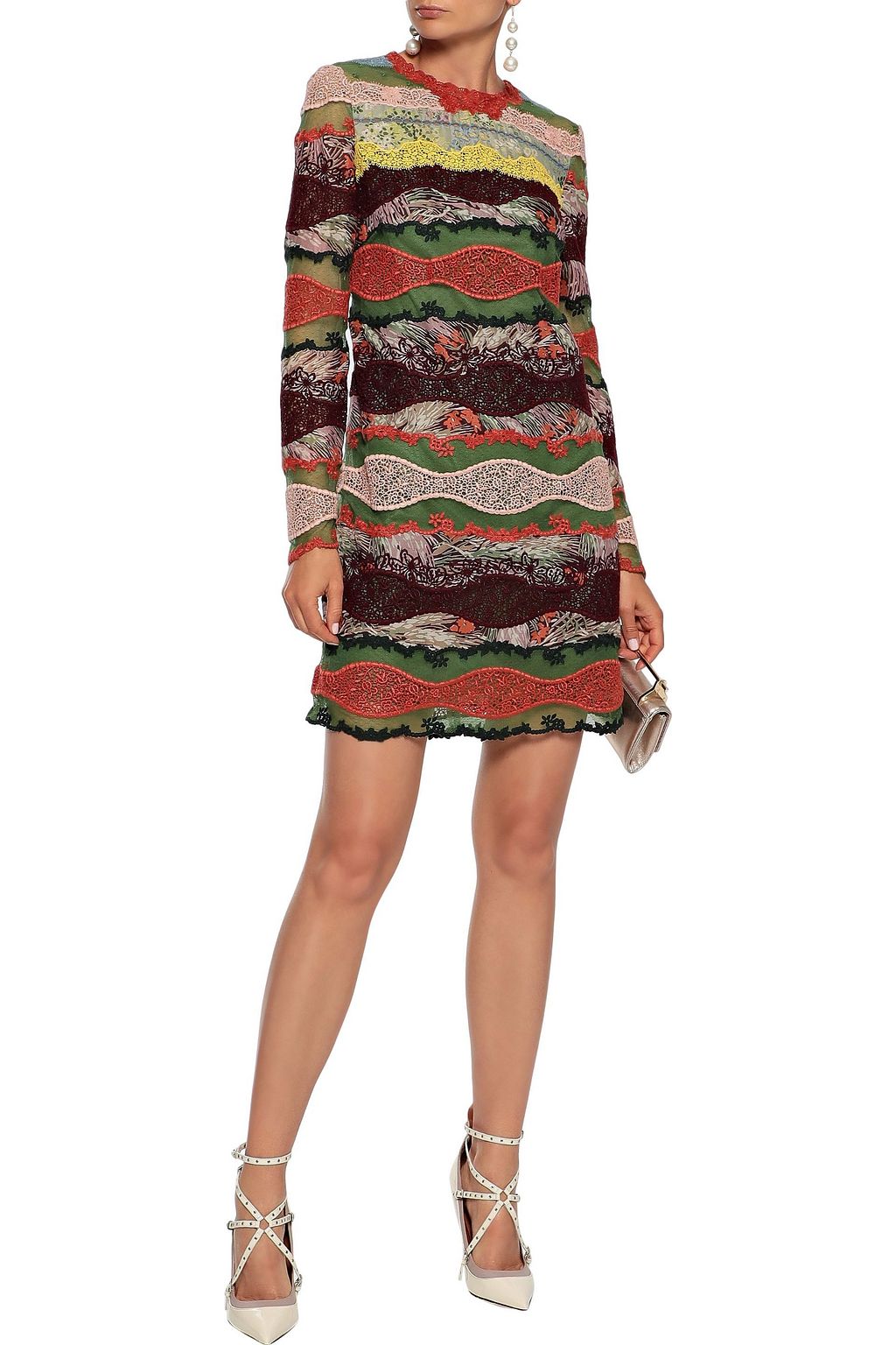 VALENTINO GARAVANI Paneled printed cotton-gauze, lace and point d'esprit mini dress