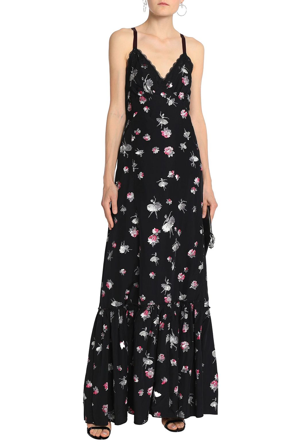 MARC JACOBS Lace-trimmed printed taffeta maxi dress