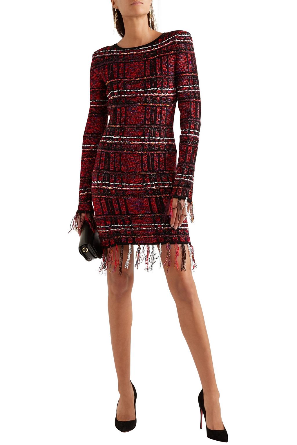 BALMAIN Frayed checked tweed mini dress