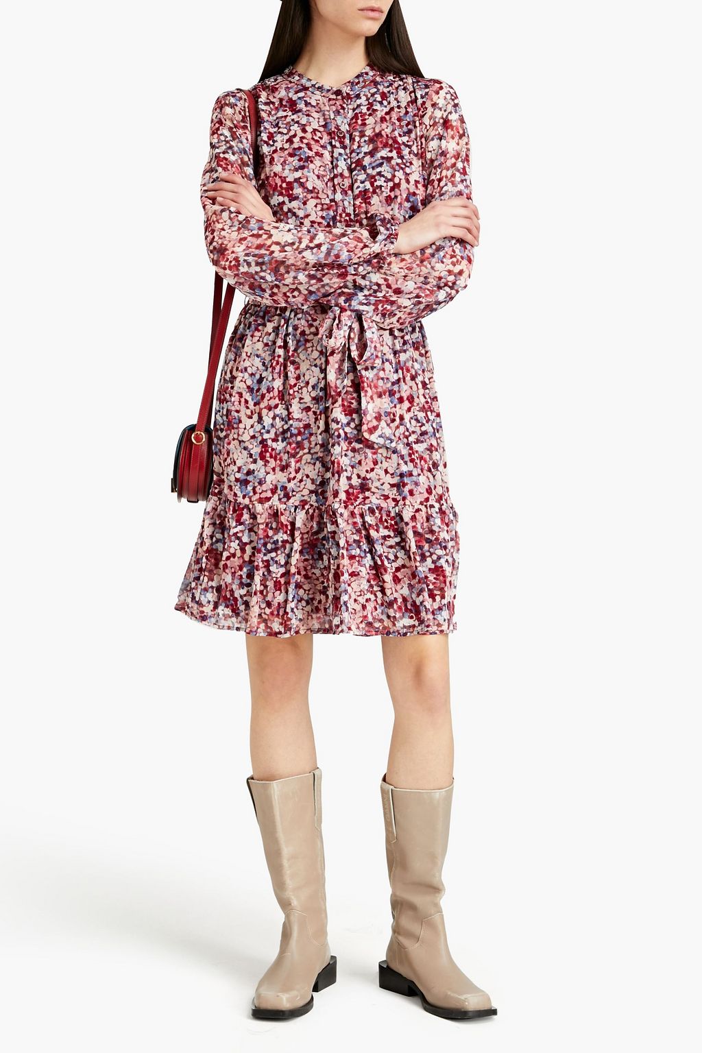 DKNY Belted printed crepe de chine dress