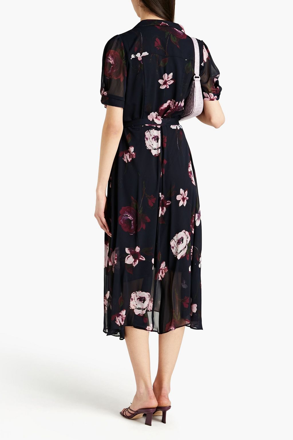 DKNY Belted floral-print crepon midi shirt dress