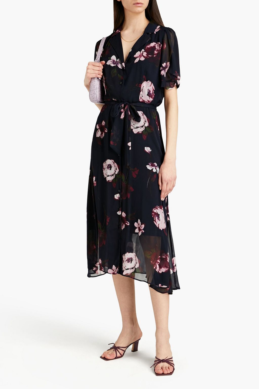 DKNY Belted floral-print crepon midi shirt dress