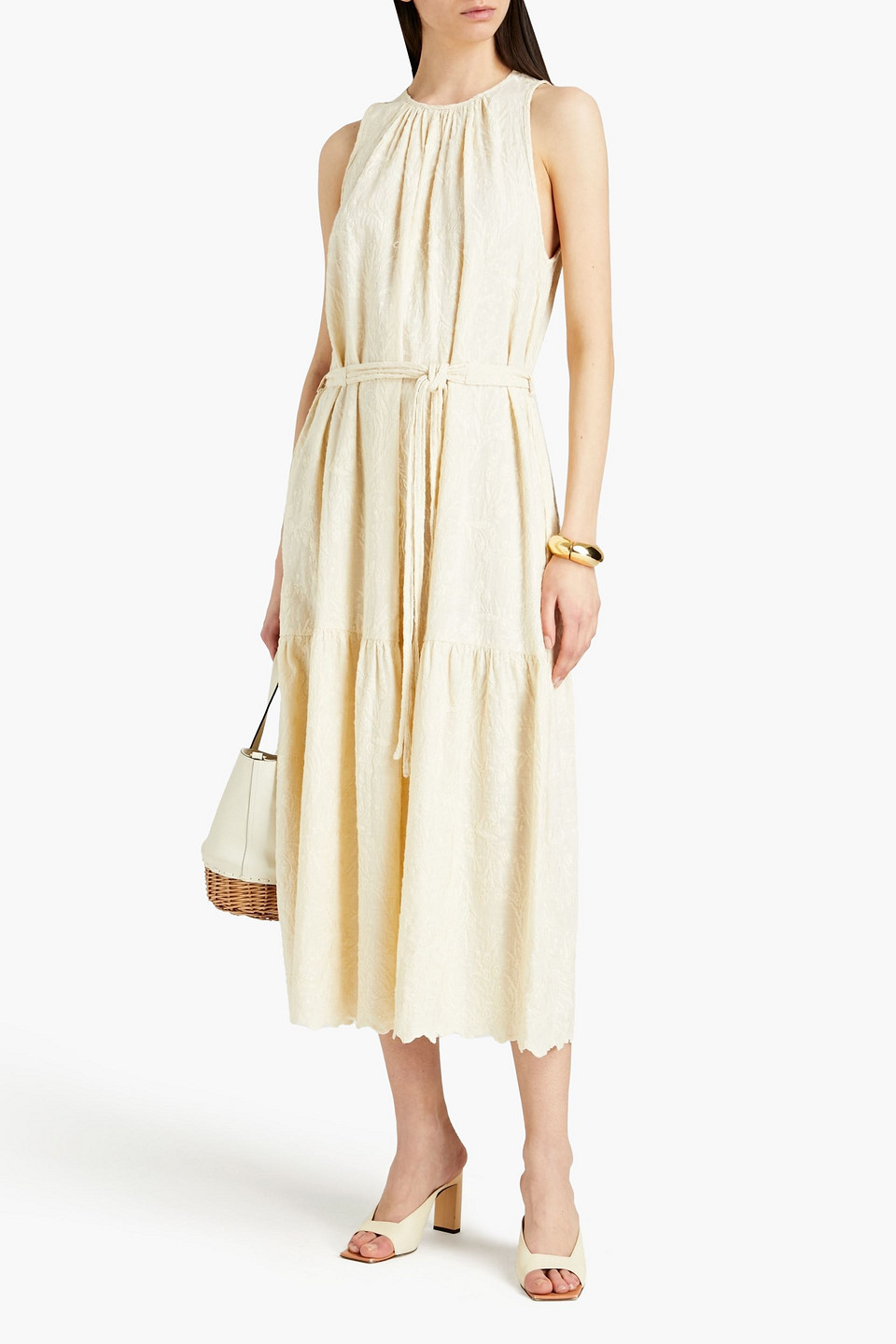 Vanessa Bruno Roema Gathered Embroidered Cotton-blend Midi Dress In Neutrals