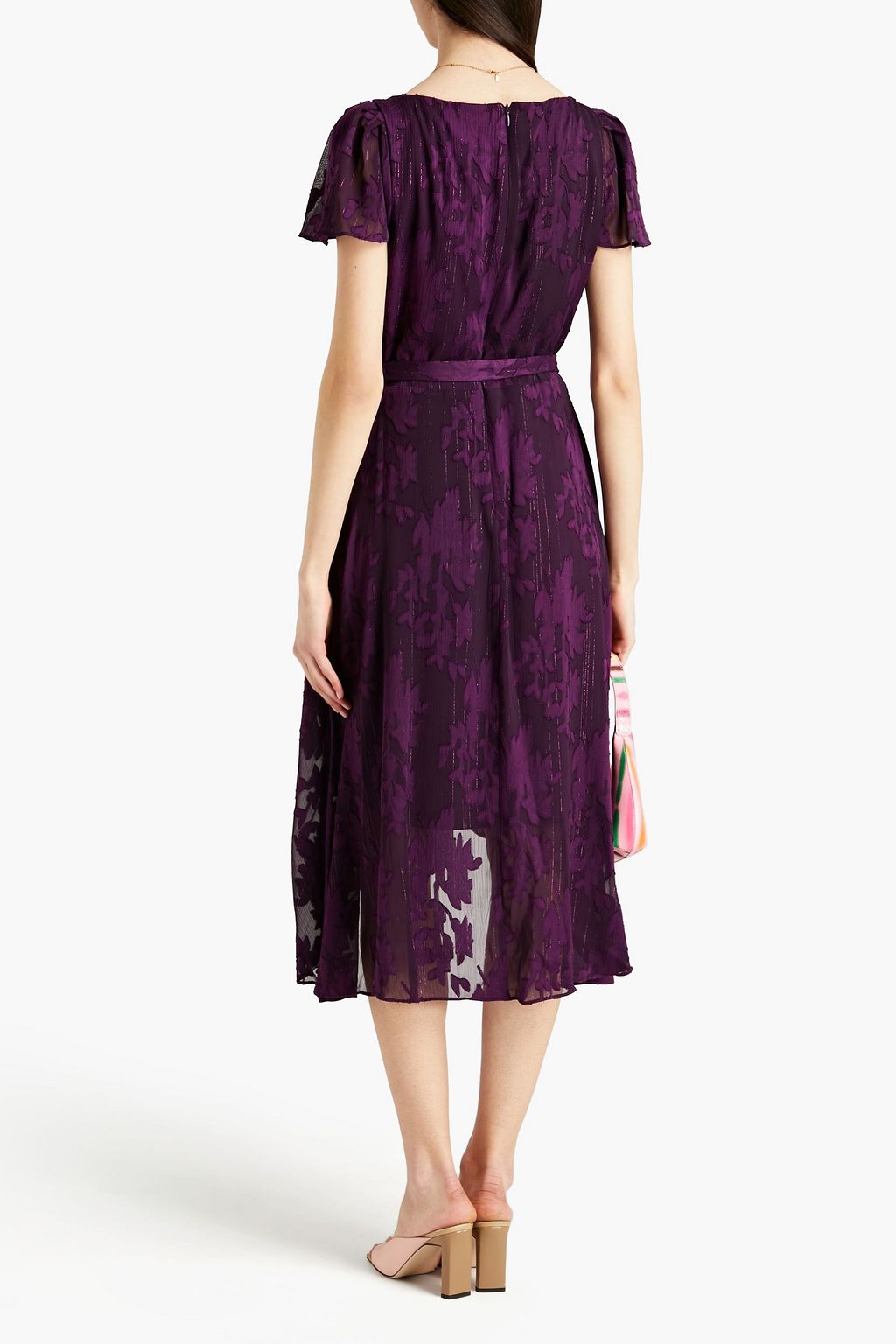 DKNY Belted wrap-effect metallic devoré dress