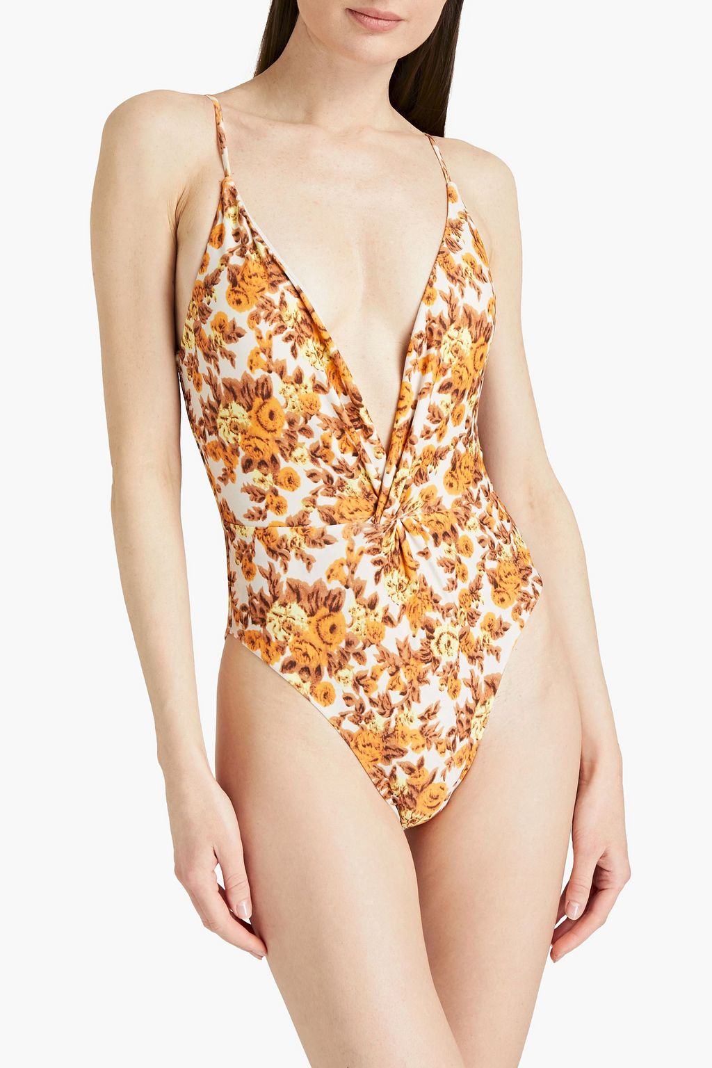 SIMKHAI Ingrid gathered floral-print swimsuit