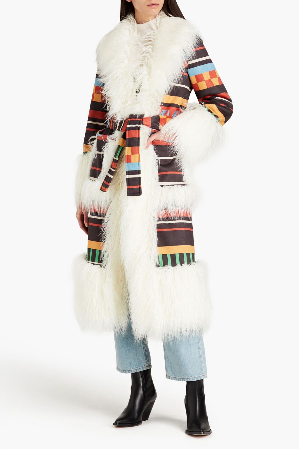 STELLA JEAN Belted printed faux shearling coat