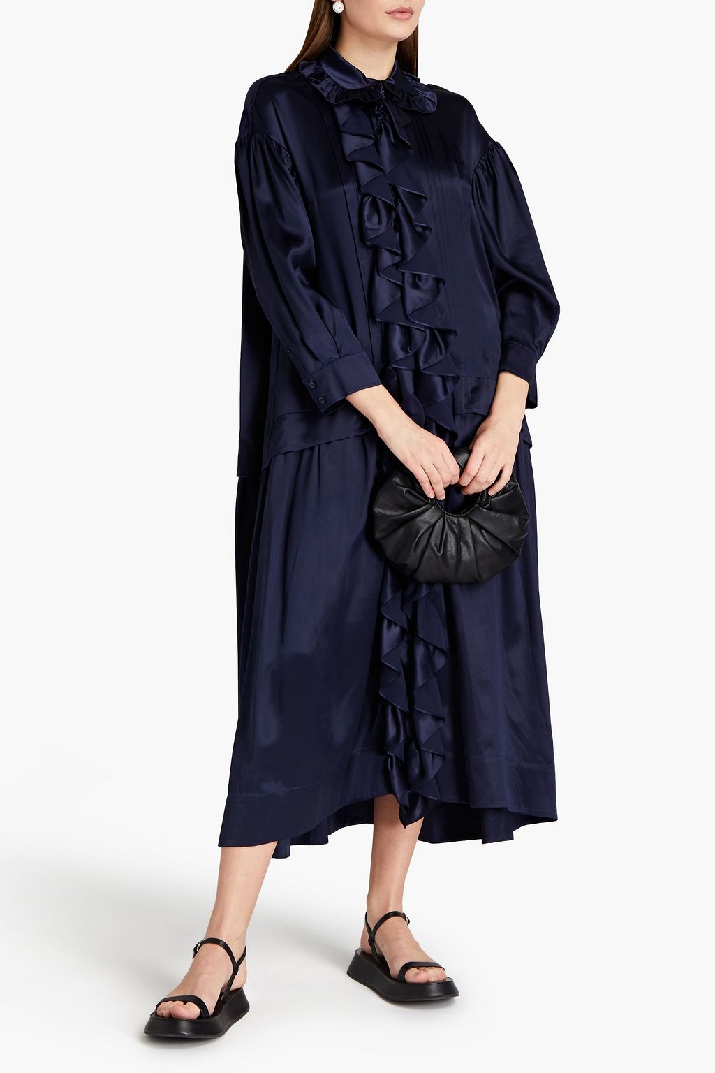 SIMONE ROCHA Pleated ruffle-trimmed silk-satin midi shirt dress