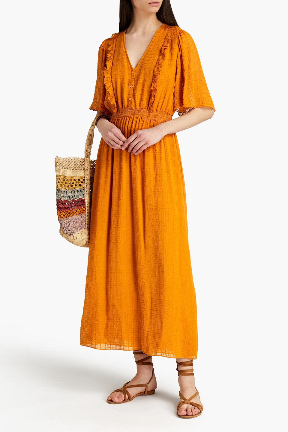 Vanessa Bruno Resana Ruffle-trimmed Checked Jacquard Maxi Dress In Orange