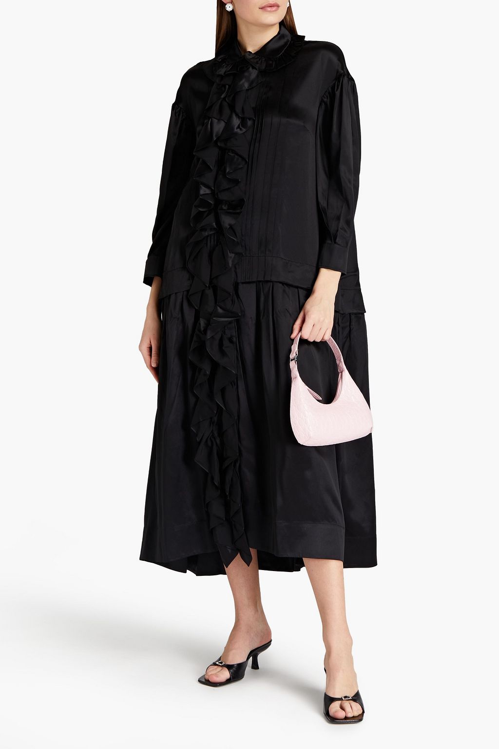 SIMONE ROCHA Pleated ruffle-trimmed silk-satin midi shirt dress