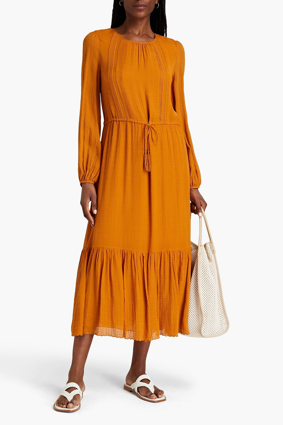 Vanessa Bruno Rebecca Pintucked Seersucker Midi Dress In Gold