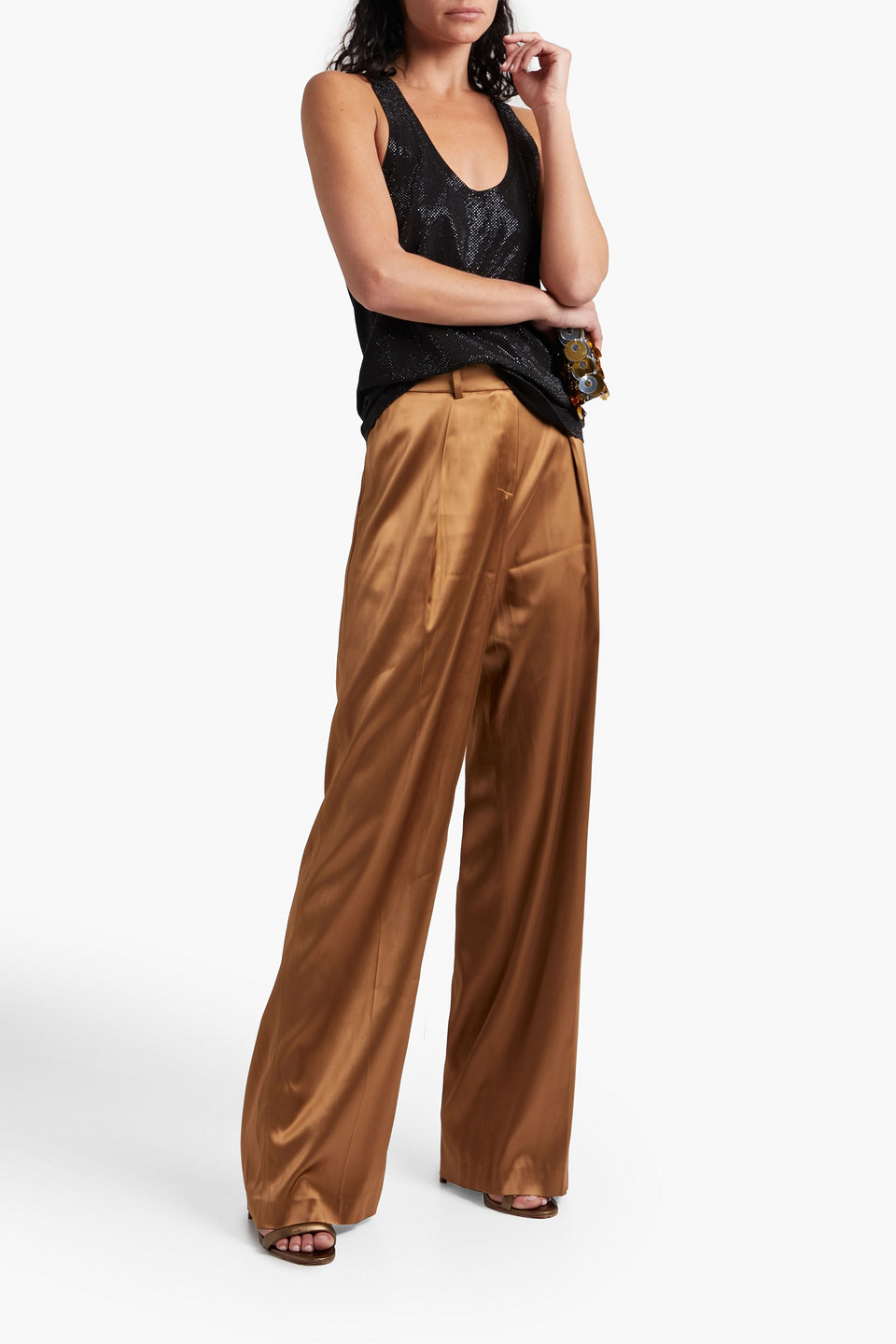 Alexandre Vauthier Pleated Satin Wide-leg Pants In Camel