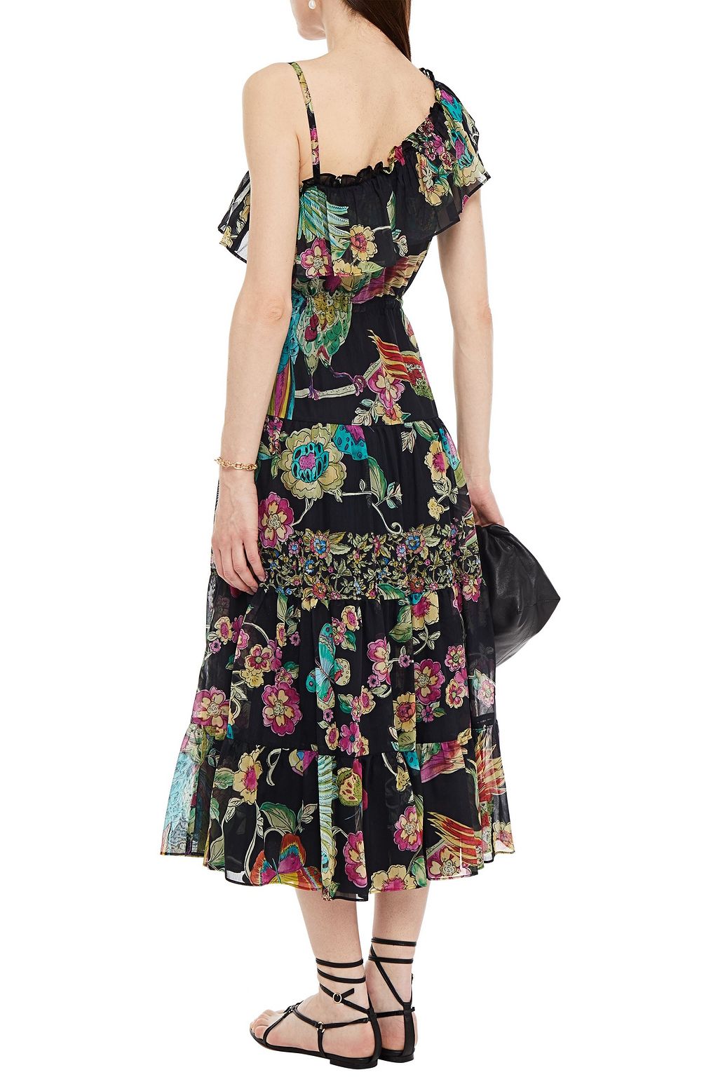 REDVALENTINO One-shoulder printed cotton and silk-blend georgette midi dress