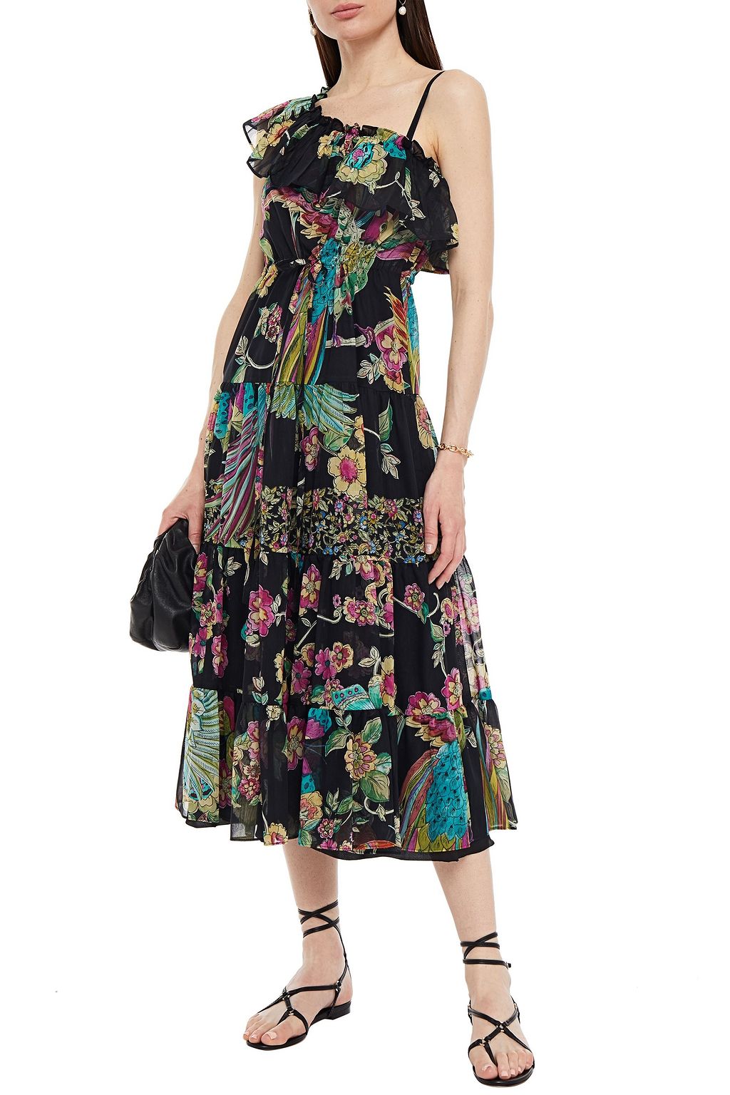 REDVALENTINO One-shoulder printed cotton and silk-blend georgette midi dress