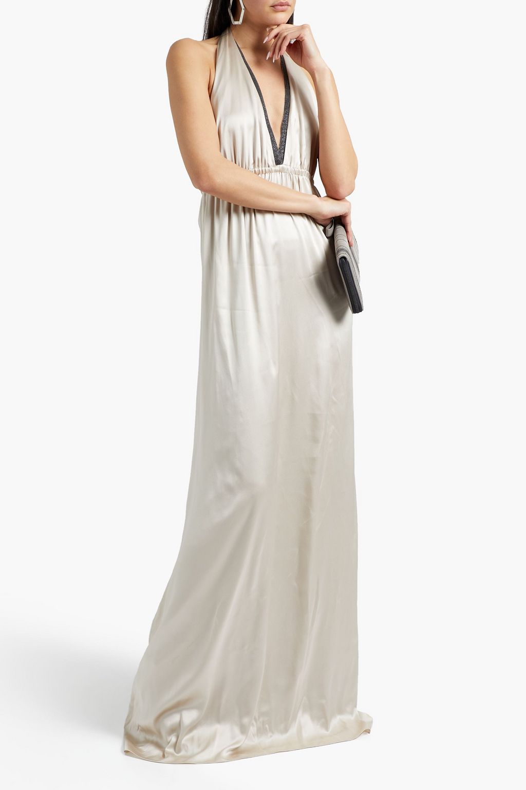 BRUNELLO CUCINELLI Bead-embellished silk-blend satin halterneck gown