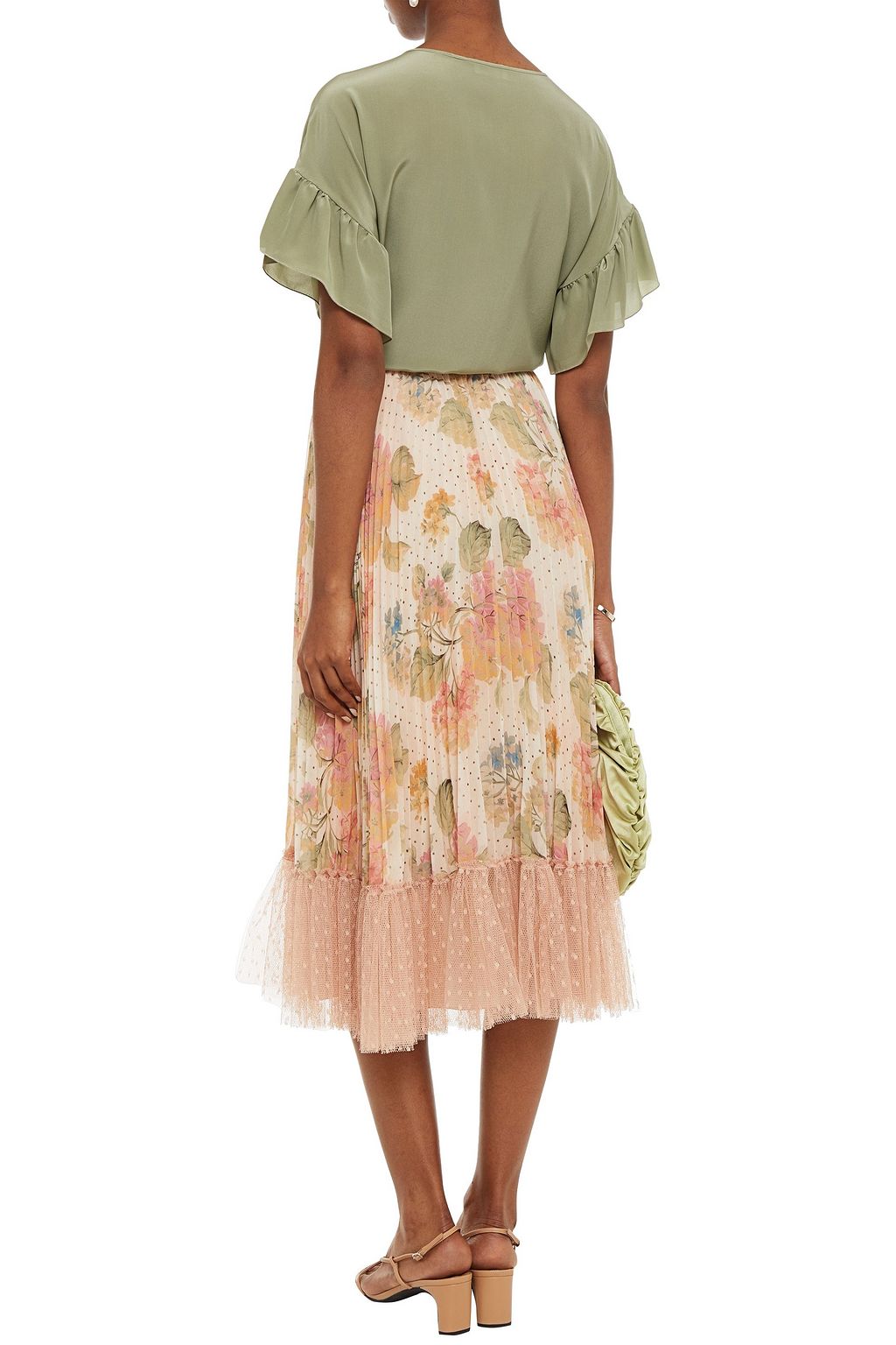 REDVALENTINO Pleated floral-print georgette and point d'espirit midi skirt