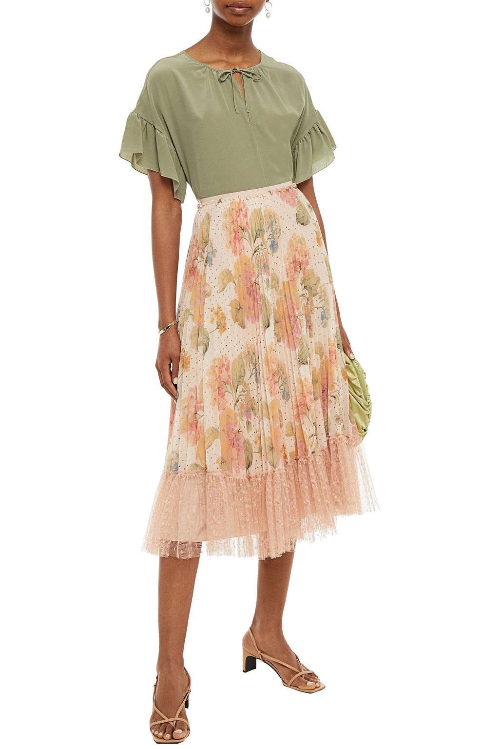REDVALENTINO Pleated floral-print georgette and point d'espirit midi skirt