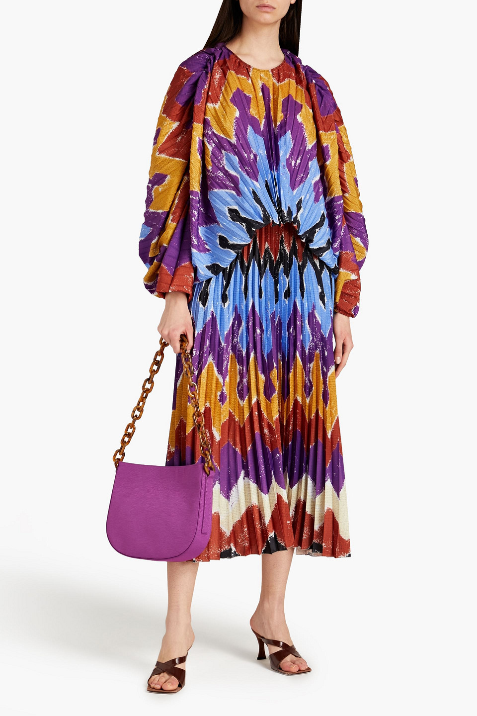 Stella Jean Printed Pleated Crepe De Chine Midi Dress In Purple