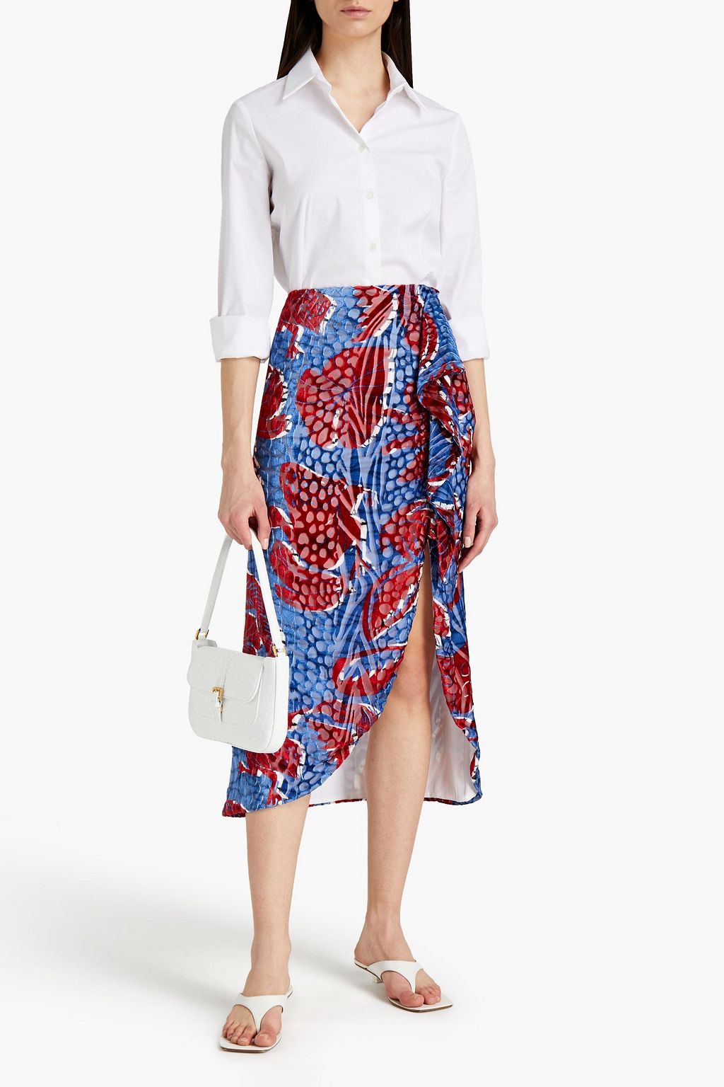 STELLA JEAN Ruffled devoré-velvet midi skirt