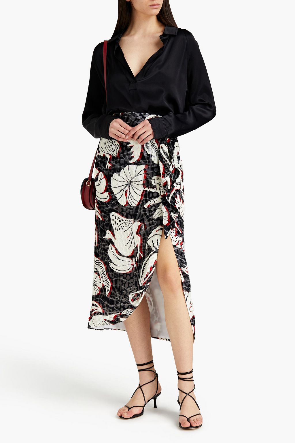 STELLA JEAN Ruffled devoré-velvet midi skirt