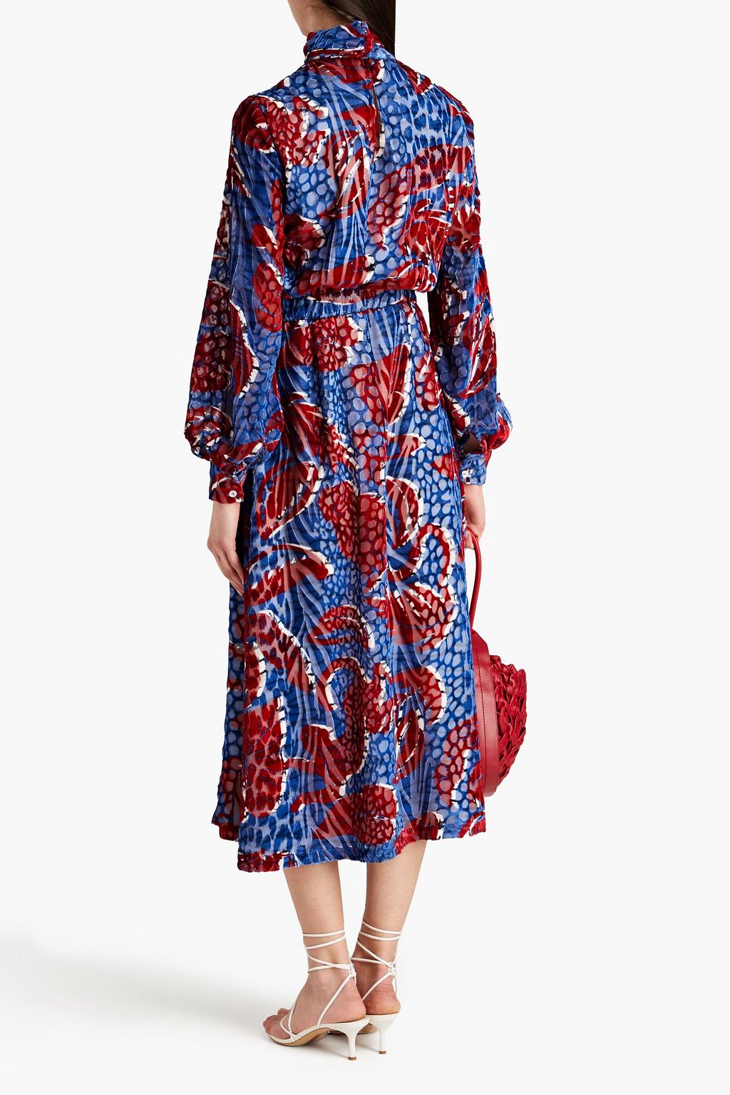 STELLA JEAN Pussy-bow printed devoré-velvet midi dress