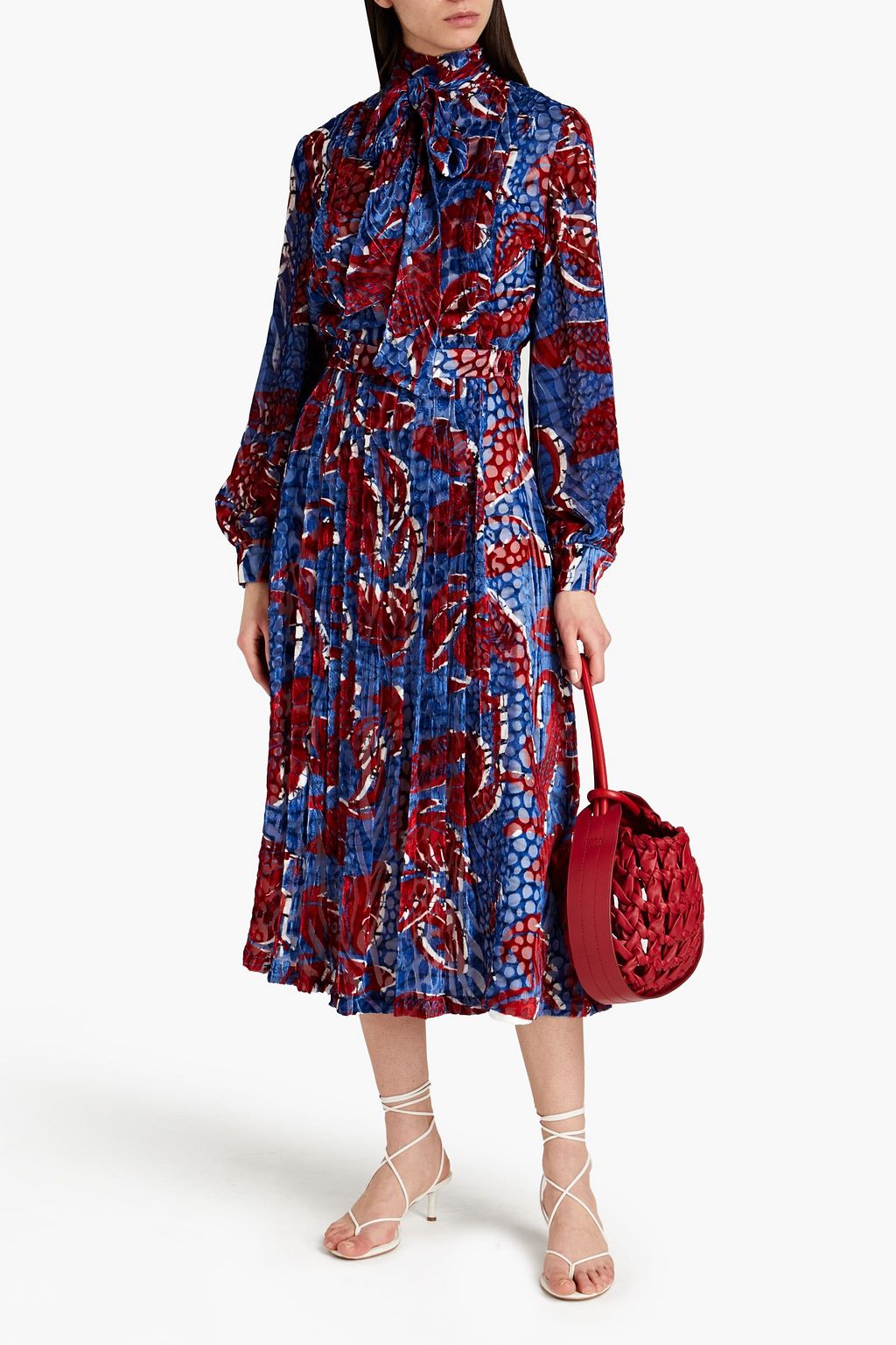 STELLA JEAN Pussy-bow printed devoré-velvet midi dress