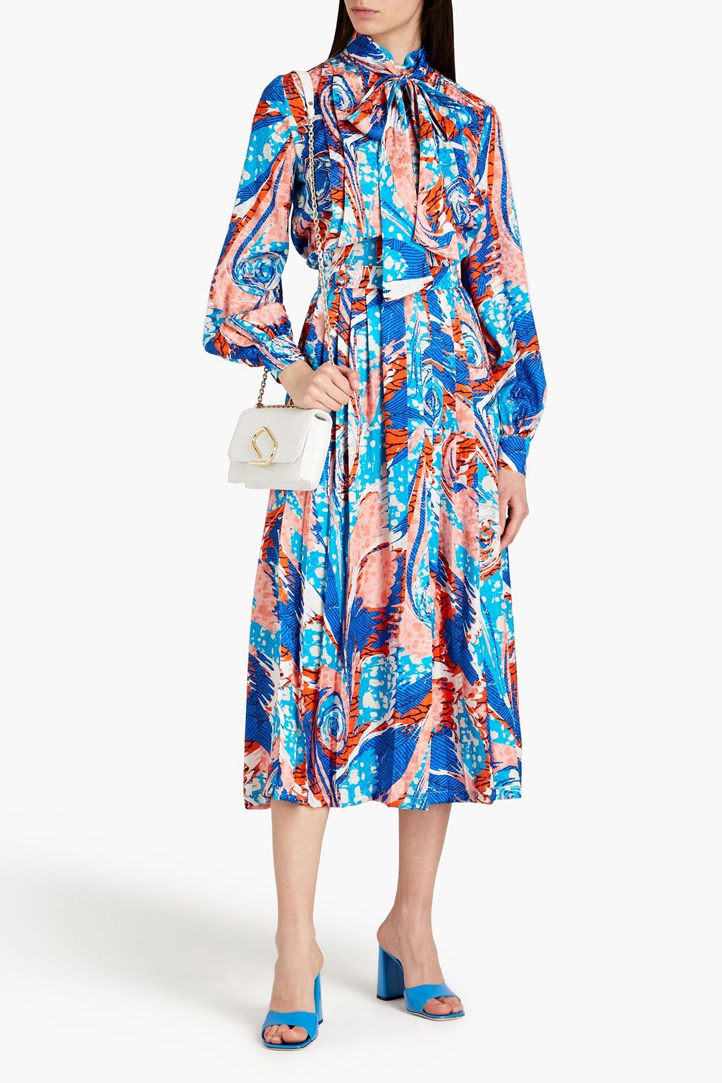 STELLA JEAN Pussy-bow printed silk-jacquard midi dress