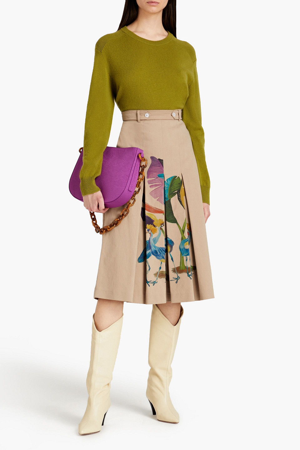 Stella Jean Pleated Printed Cotton-blend Twill Midi Skirt In Gold