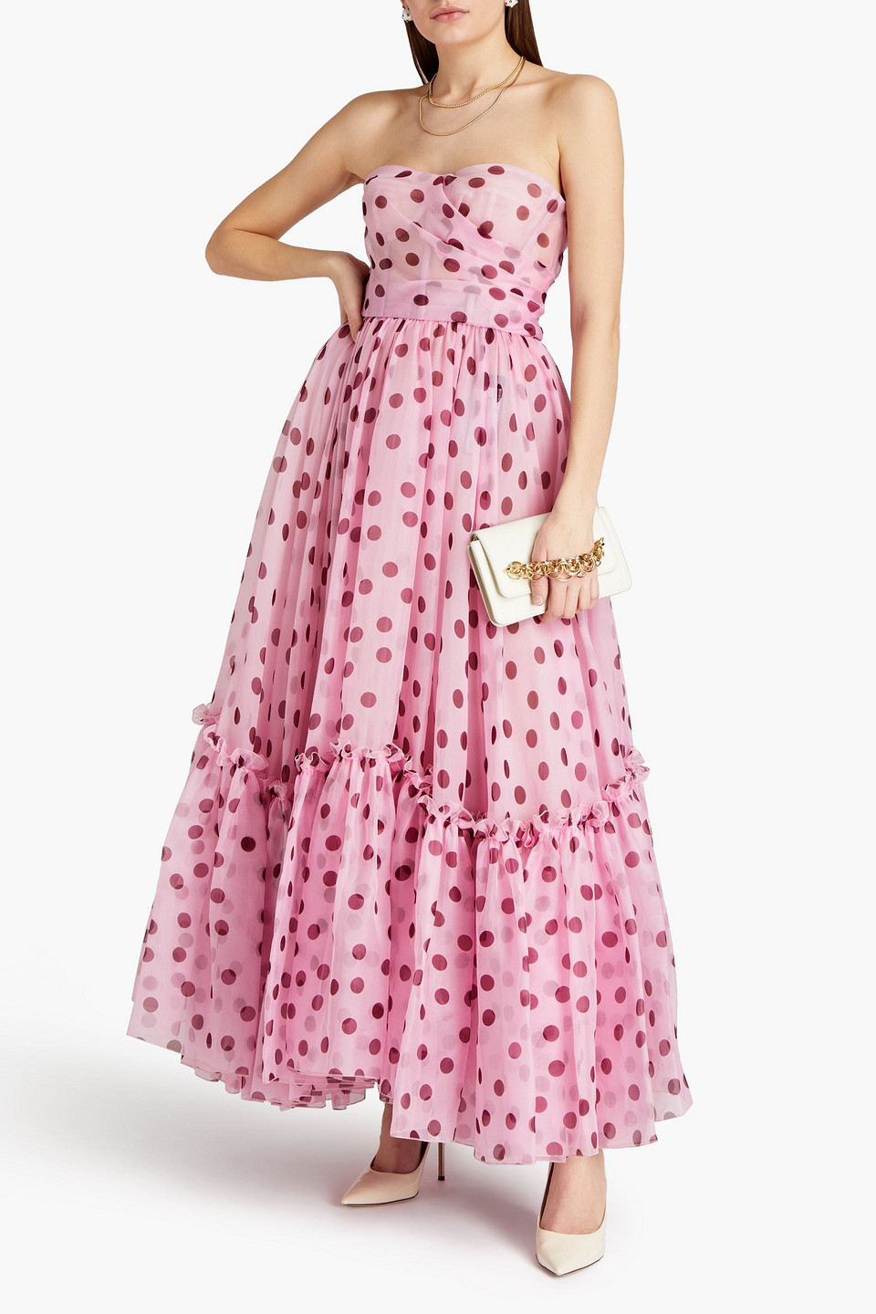 Dolce & Gabbana Strapless Polka-dot Silk-organza Gown In Pink