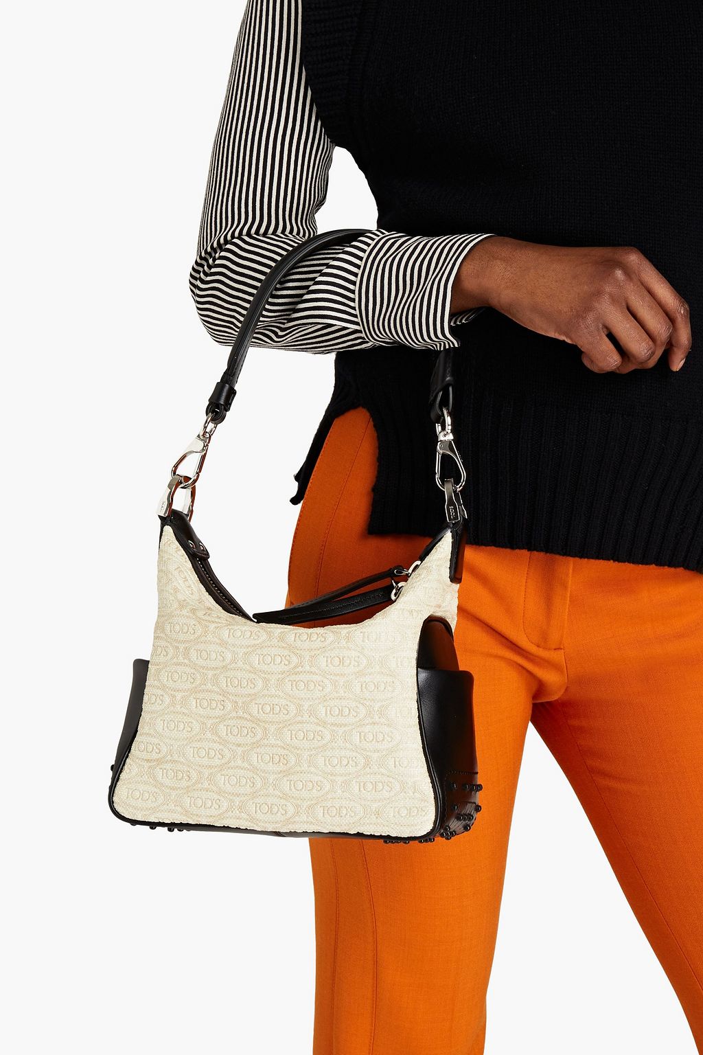 TOD'S Zweifarbige Schultertasche aus Jacquard mit Ledereinsatz