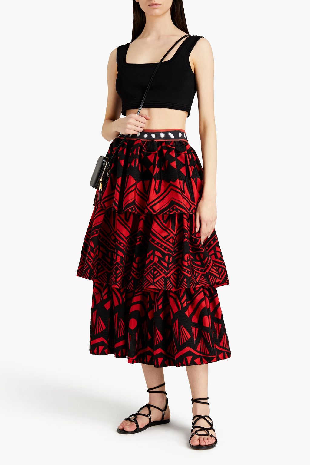 STELLA JEAN Tiered embroidered crepe midi skirt