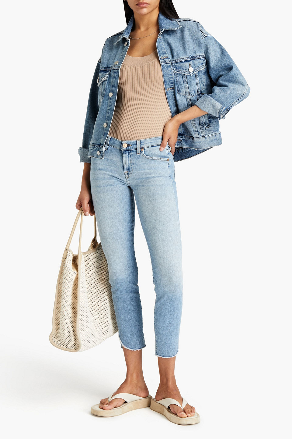 7 For All Mankind Cropped Frayed Low-rise Skinny Jeans In Blue