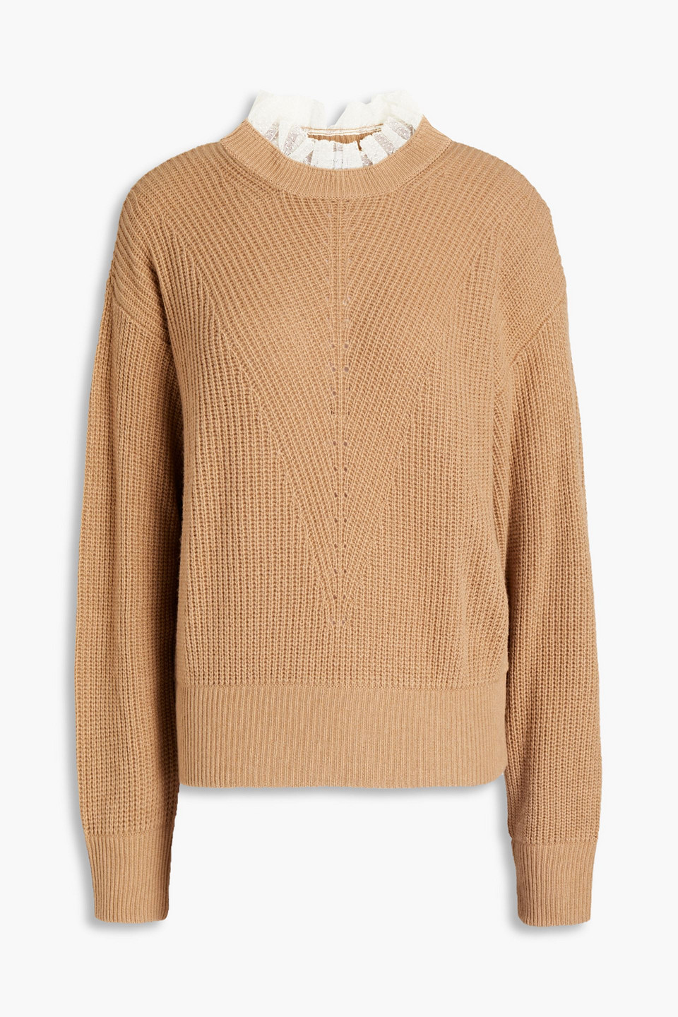 Redvalentino Woman Point D'esprit-trimmed Ribbed-knit Sweater Camel Size M