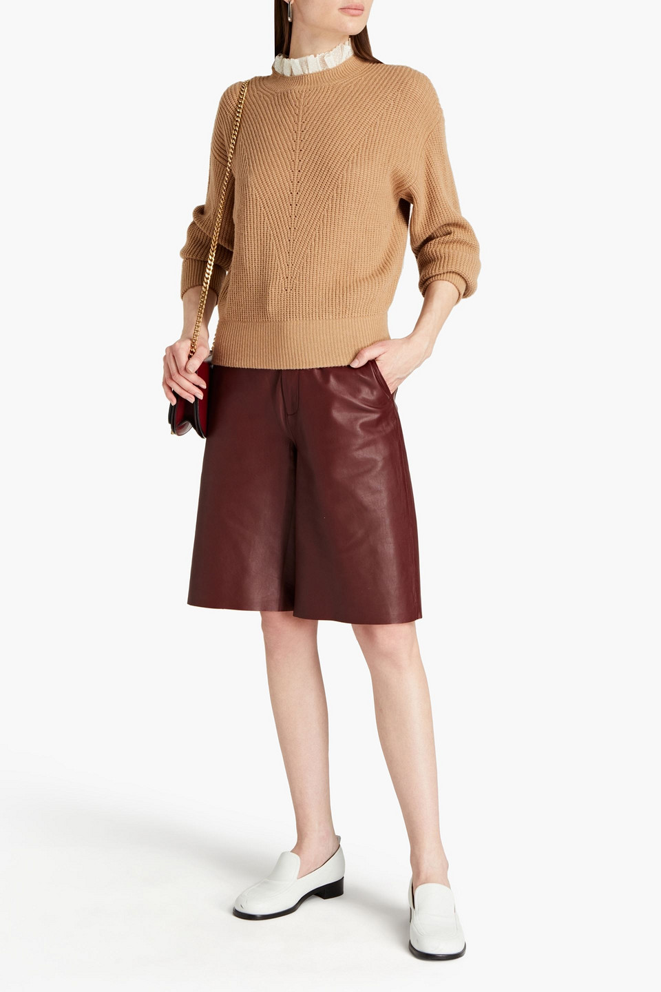 Red Valentino Point D'esprit-trimmed Ribbed-knit Sweater In Camel