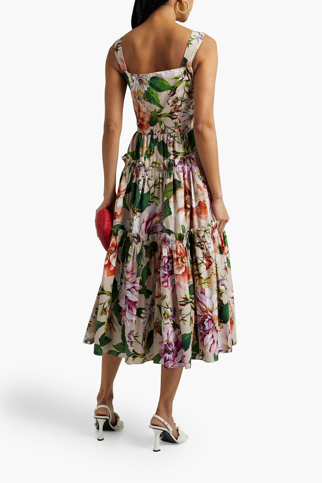 DOLCE&GABBANA Tiered appliquéd floral-print cotton-poplin midi dress