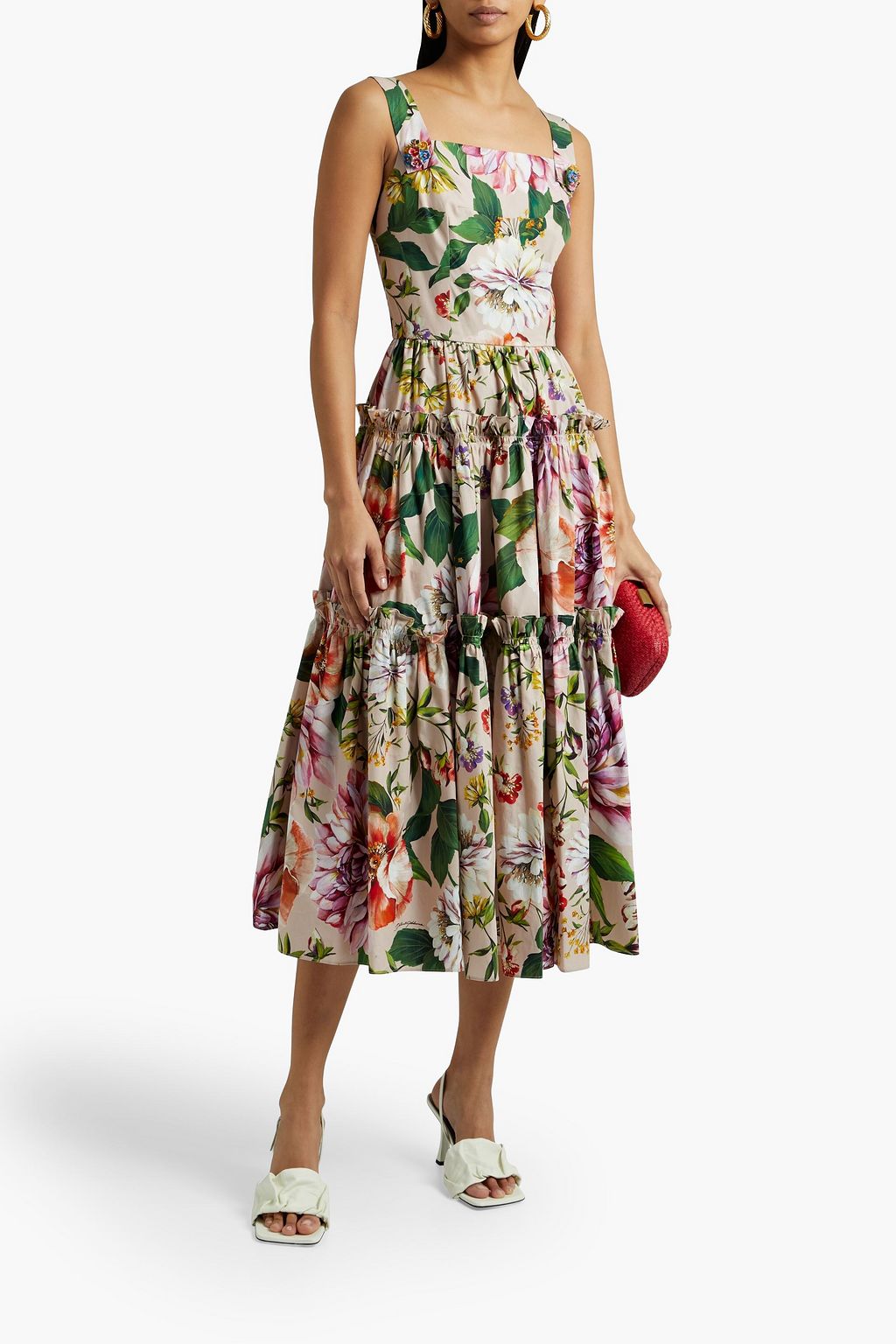 DOLCE&GABBANA Tiered appliquéd floral-print cotton-poplin midi dress