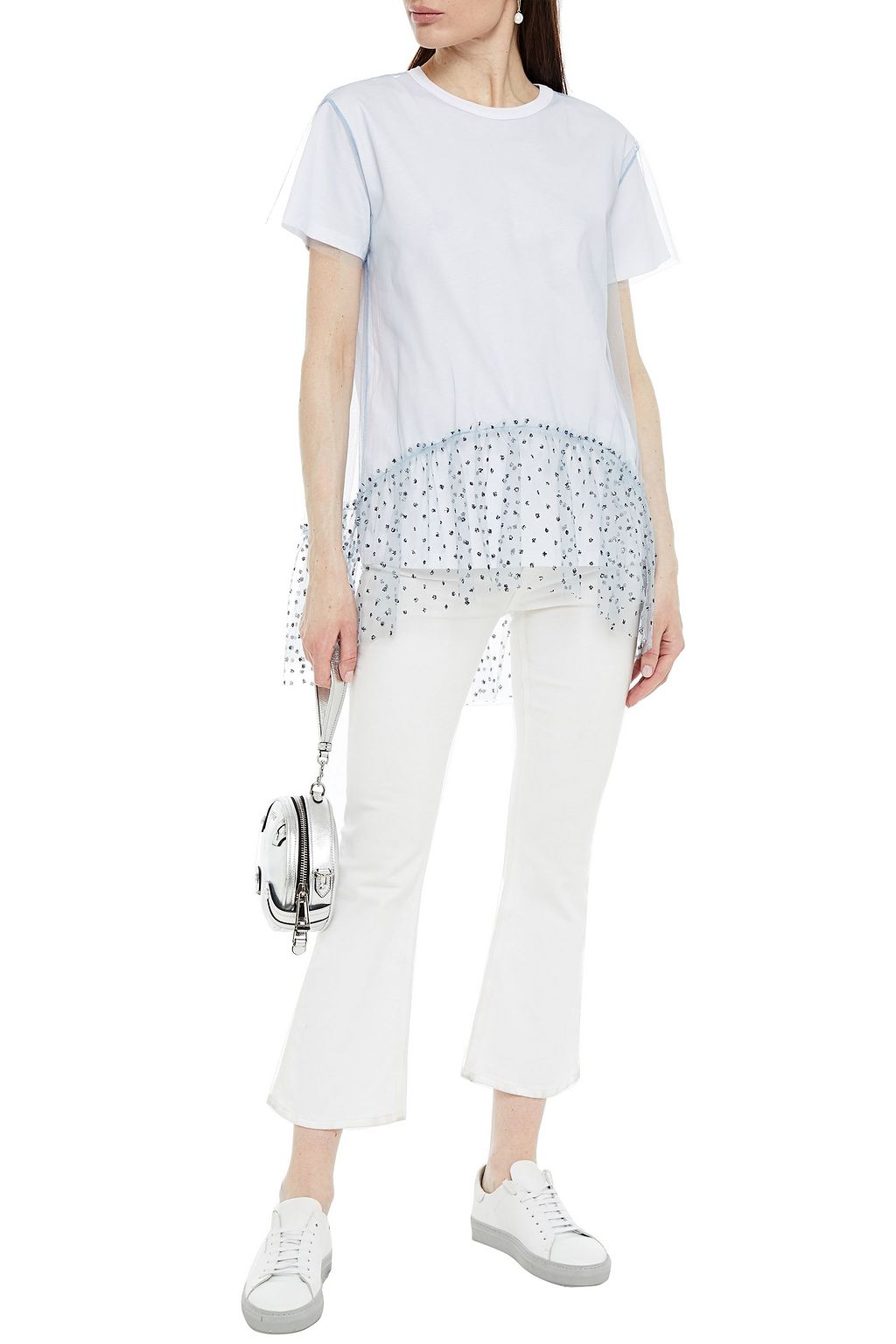 REDVALENTINO Glittered tulle-paneled cotton-jersey T-shirt