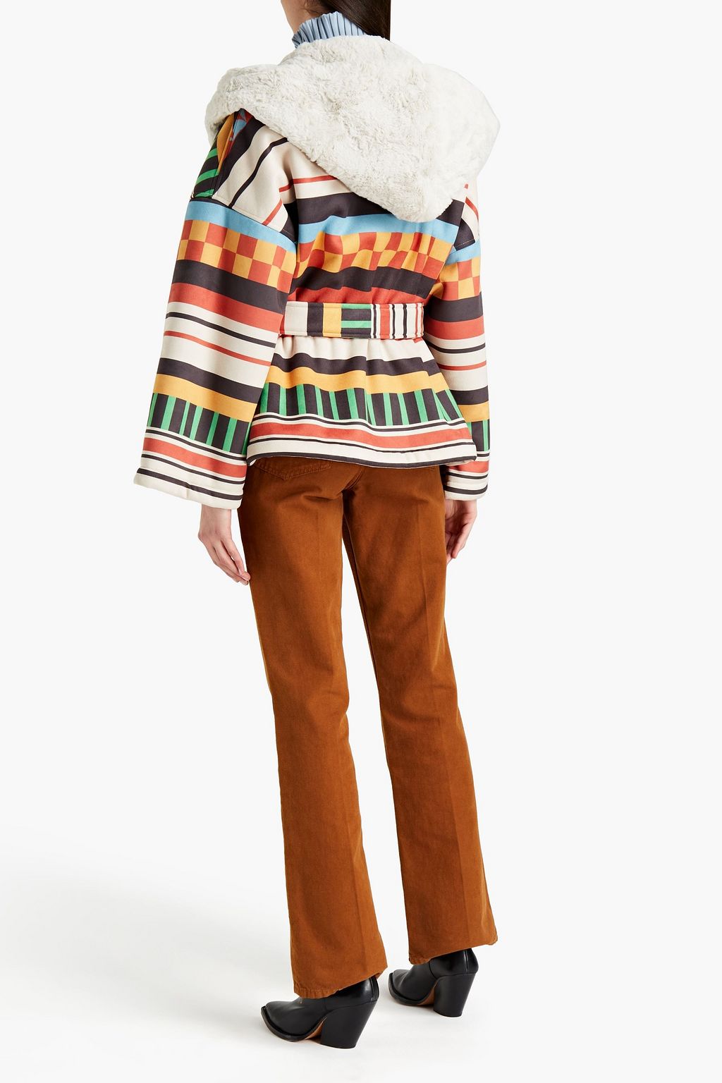 STELLA JEAN Belted printed faux shearling hooded jacket