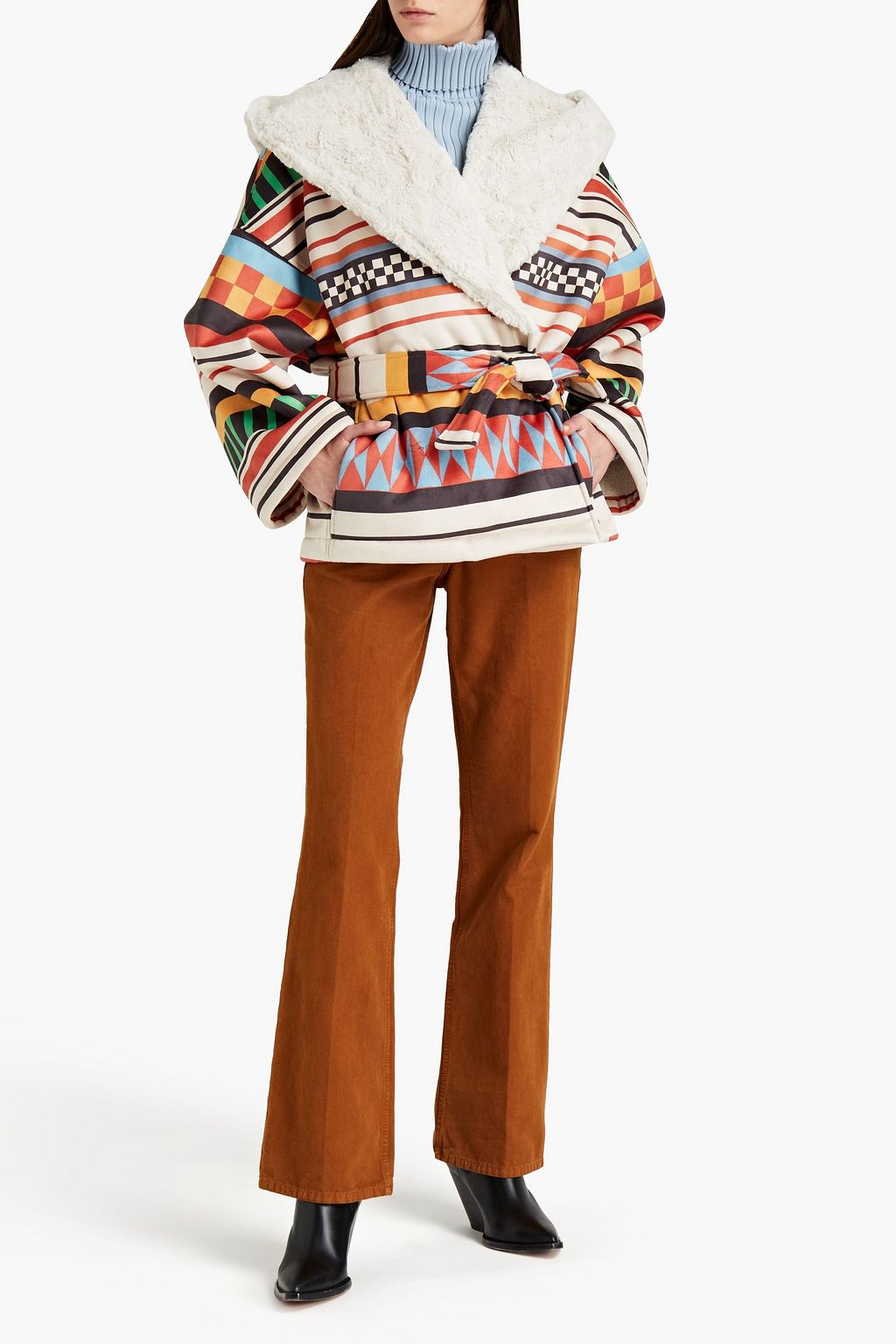 STELLA JEAN Belted printed faux shearling hooded jacket