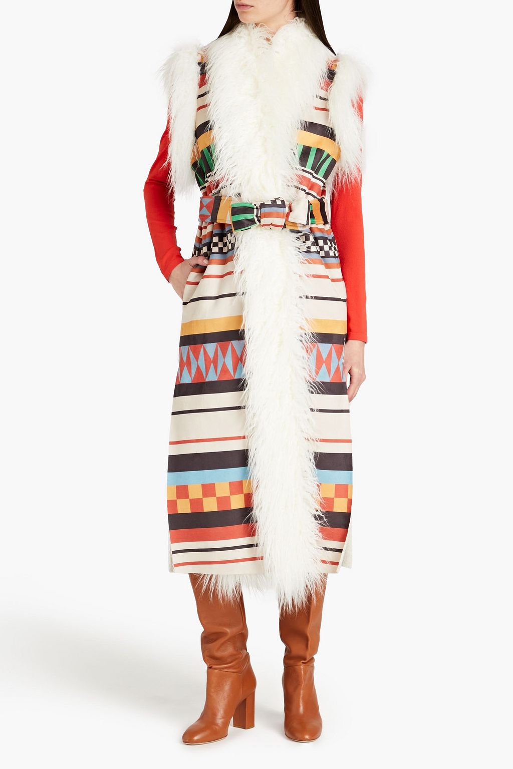 STELLA JEAN Belted printed faux shearling vest