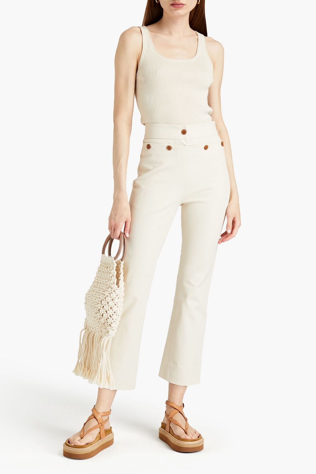 SIMKHAI Button-embellished cotton-blend twill straight-leg pants