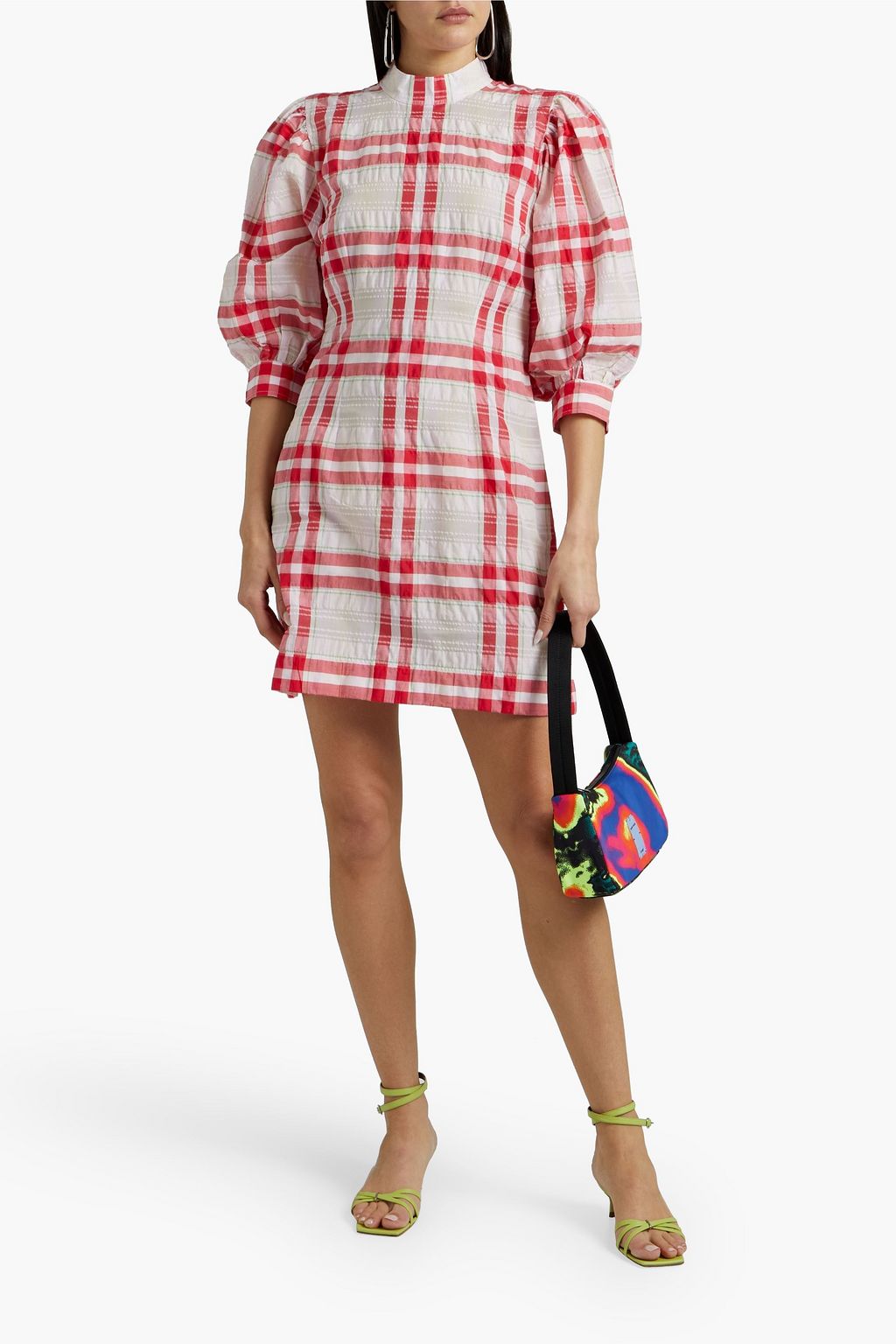 GANNI Checked cotton-blend mini dress