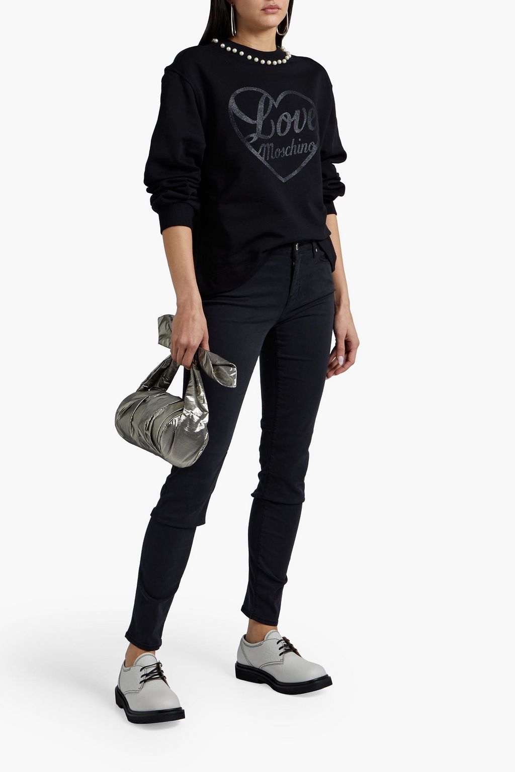 LOVE MOSCHINO Faux pearl-embellished glittered French cotton-terry sweatshirt