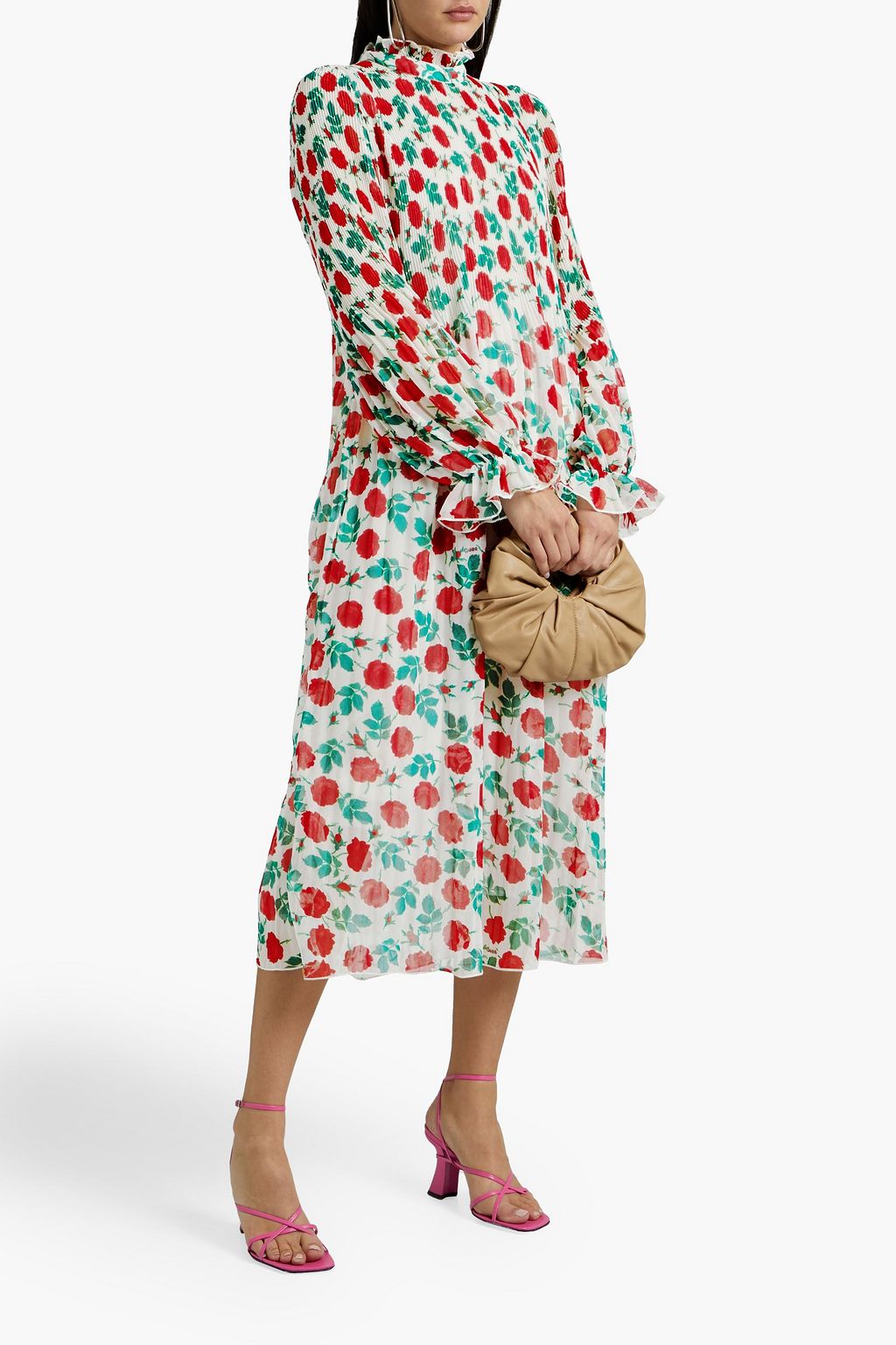 GANNI Floral-print plissé-chiffon midi dress