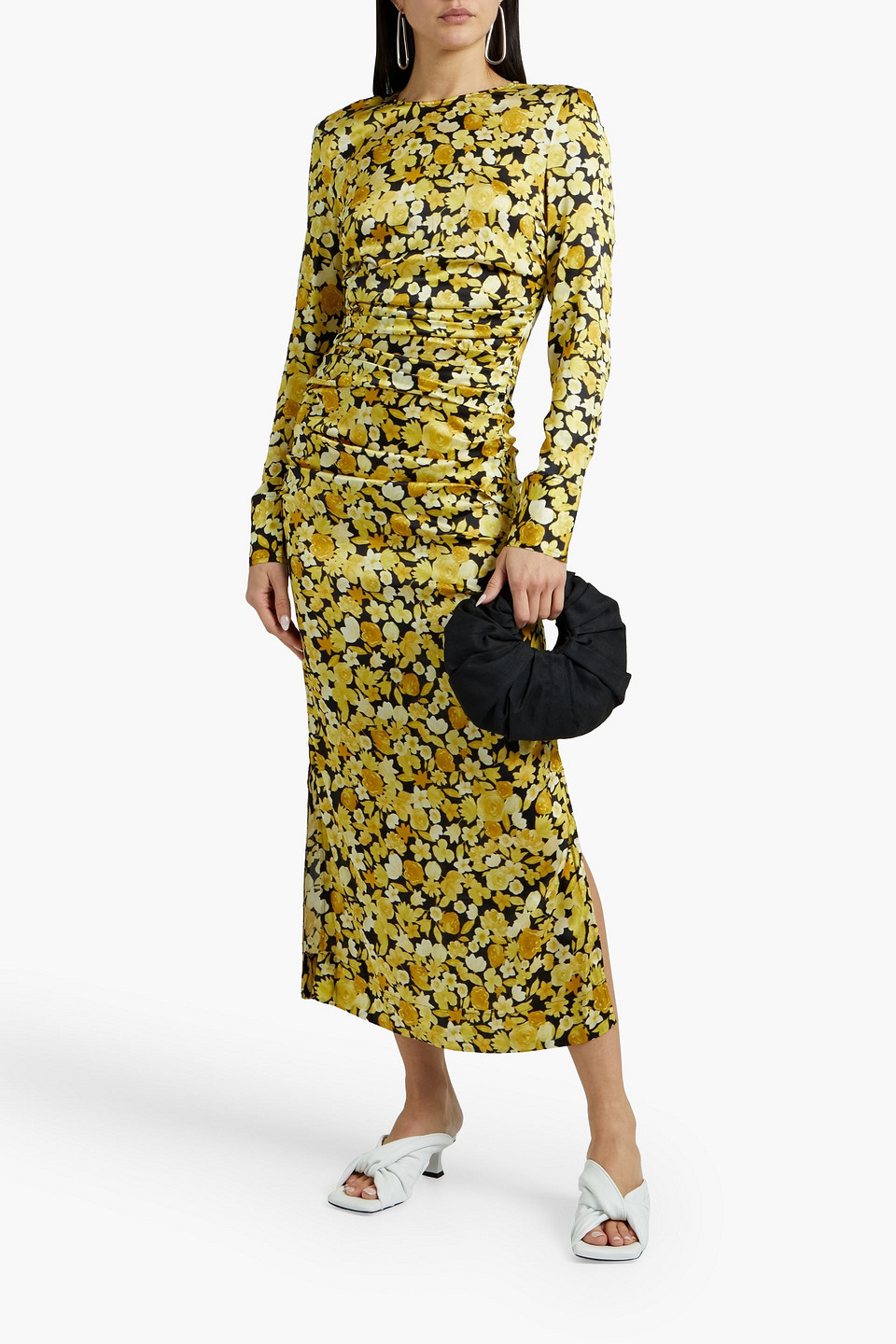 Ganni Pleated Floral-print Silk-blend Satin Midi Dress In Yellow