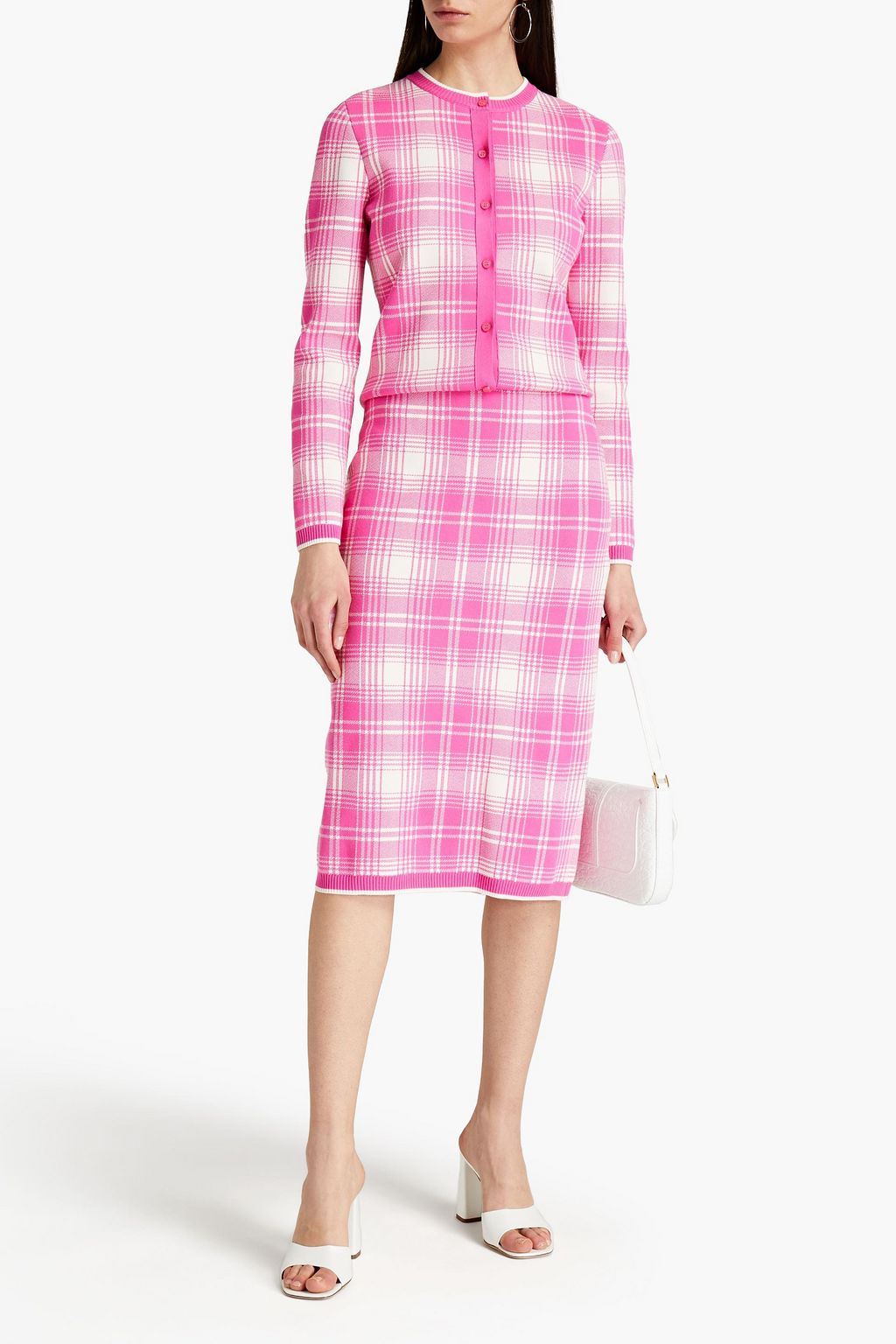 OSCAR DE LA RENTA Checked knitted midi pencil skirt