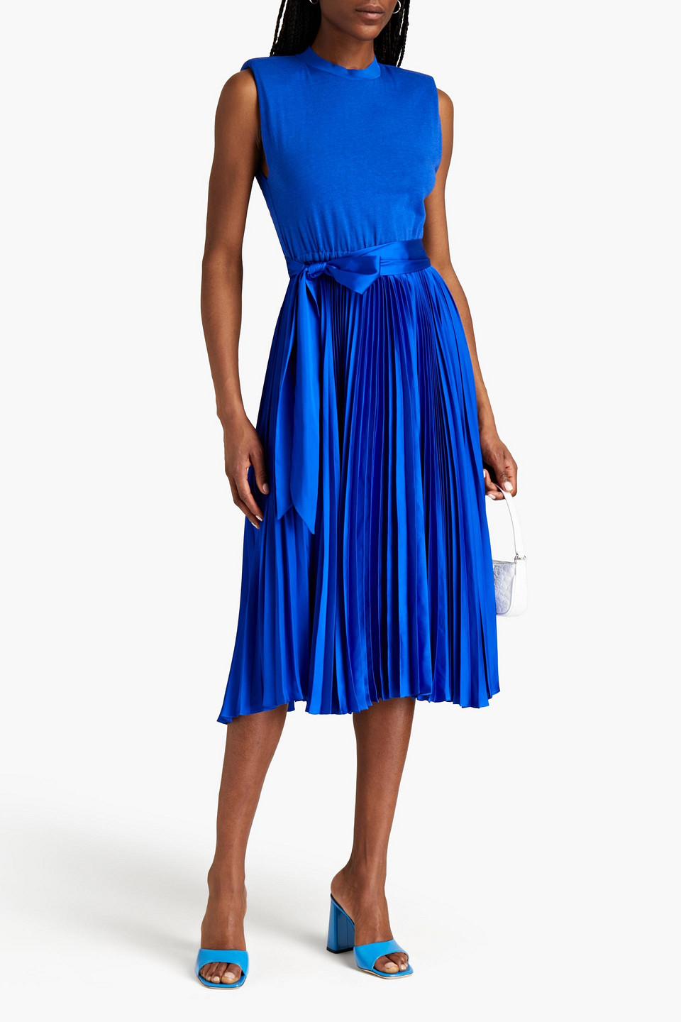 Alice And Olivia Belted Satin-paneled Jersey Midi Dress In Blue