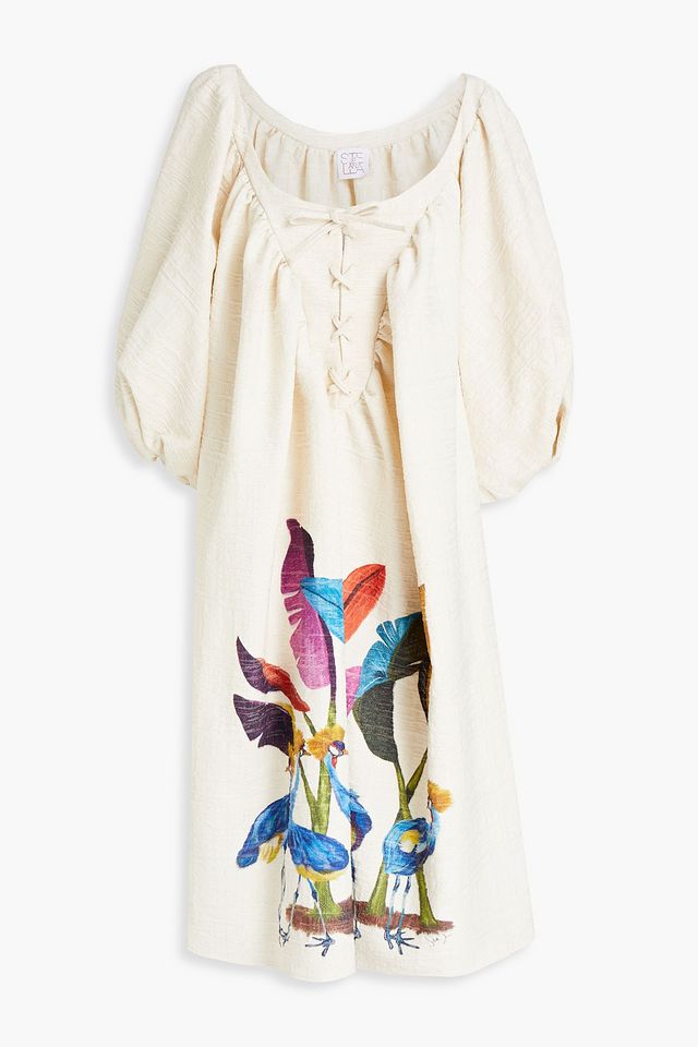 Gathered printed jacquard midi dress