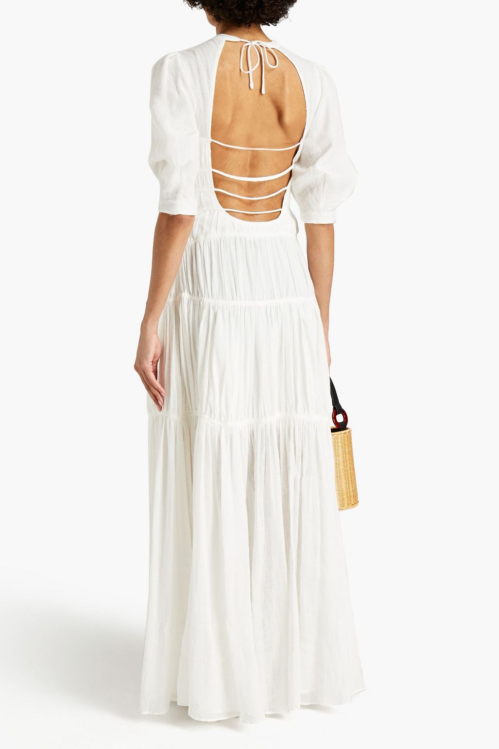 SIMKHAI Fira open-back ruched cotton and linen-blend gauze maxi dress
