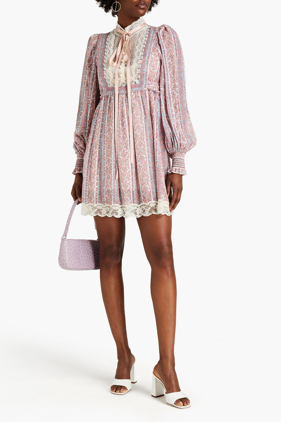 Marc Jacobs Lace-paneled Embellished Floral-print Cotton And Silk-blend Mini Dress In Pink