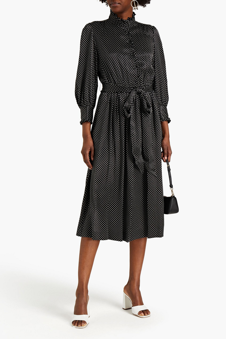 Marc Jacobs Belted Polka-dot Silk-satin Midi Shirt Dress In Black